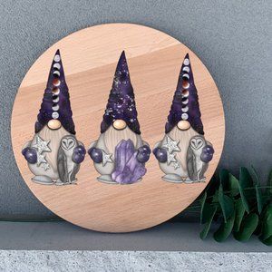 Celestial Gnome Wall Art 12" Thin Birch Round Wood Handmade